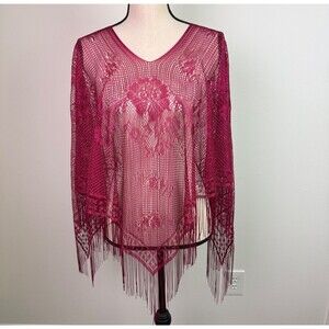 Burgundy Women's Crochet Lace Fringe Poncho Whimsical Ethereal Vintage One Size